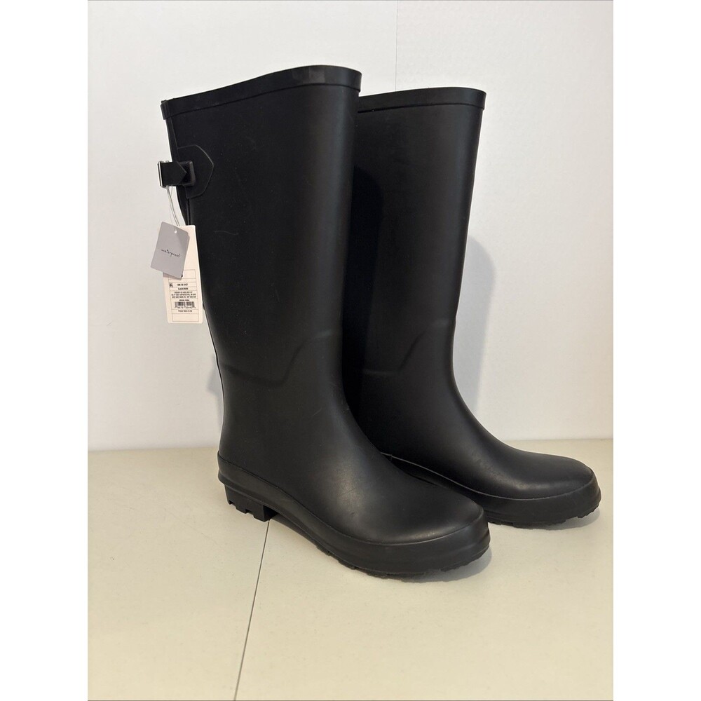 A New Day Women Black Rubber Rain Boots 9 Matte Back Buckle Tall Waterproof NWT
